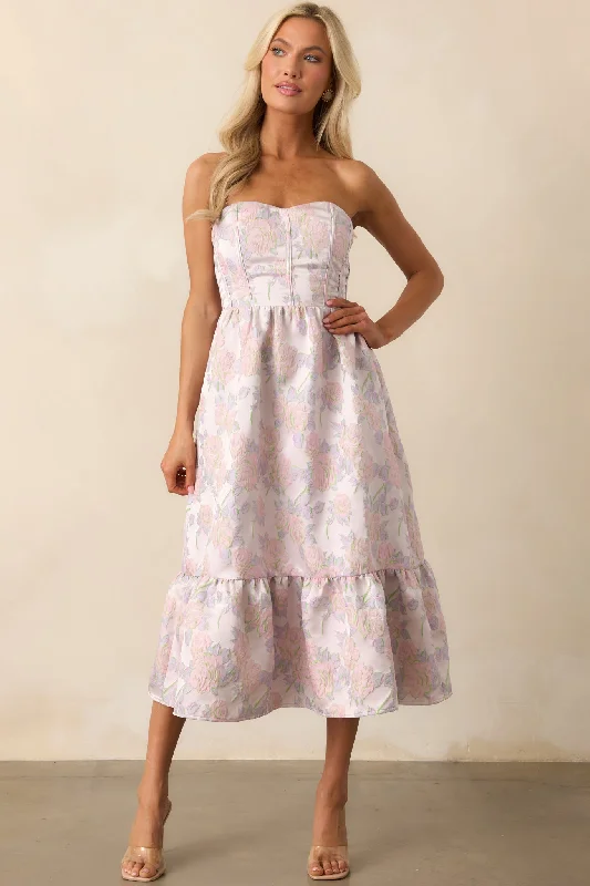 Soft Clothing Relaxed Street Fashion In The Spotlight Lavender Floral Jacquard Strapless Midi Dress