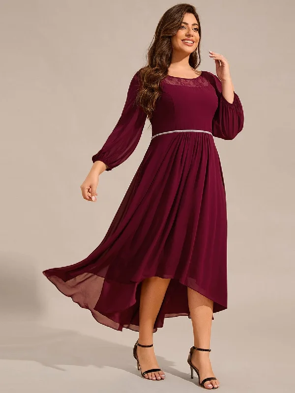 Comfort Fit Relaxed Street Fashion Cora | Plus Size Lace Round Neck Long Sleeve Chiffon Midi Wedding Guest Dress