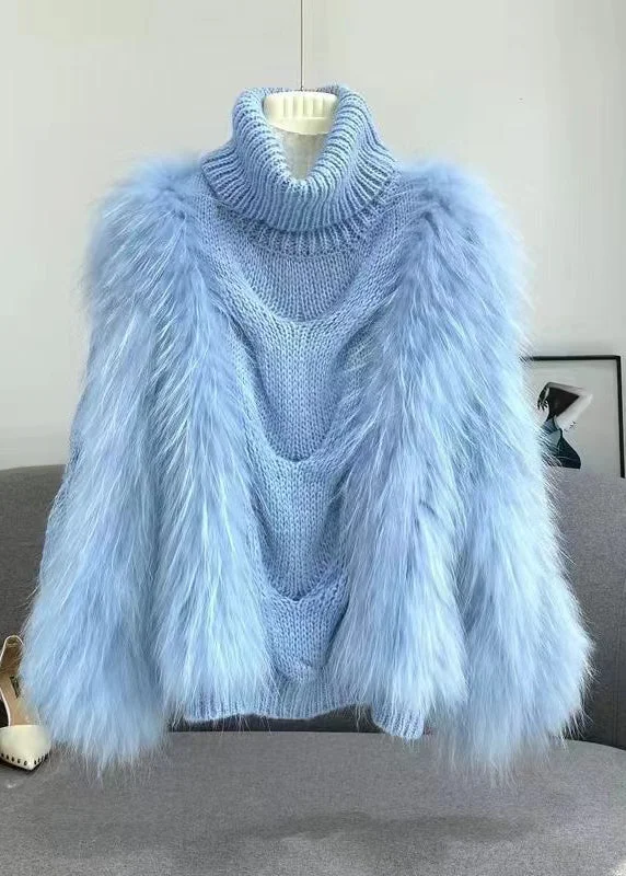 Casual Comfort womensclothing-dresses-dressSpring New Blue Raccoon Wool Patchwork Knitted High Collar Sweater