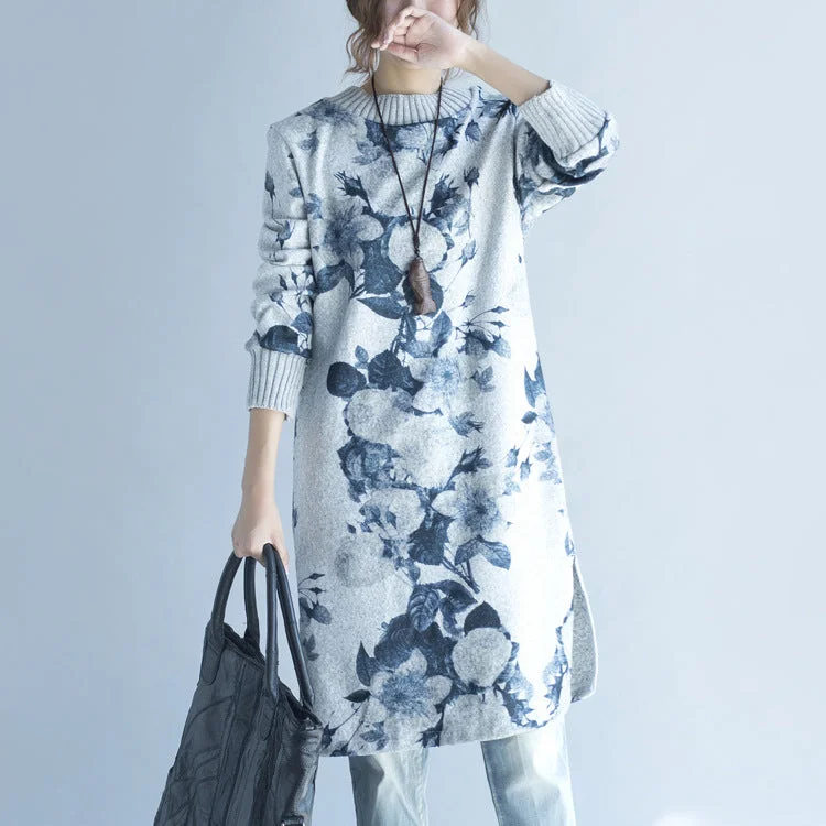 Stylish Ease Comfortable Everyday Pieces 2025 autumn winter gray print woolen knit dresses plus size fit sweater dress side open Stylish Ease Comfortable Everyday Pieces 2025 autumn winter gray print woolen knit dresses plus size fit sweater dress side open