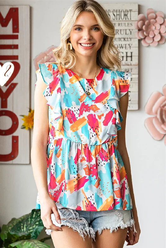 Casual Comfort Relaxed Streetwear Fit Printed Round Neck Ruffled Peplum Top