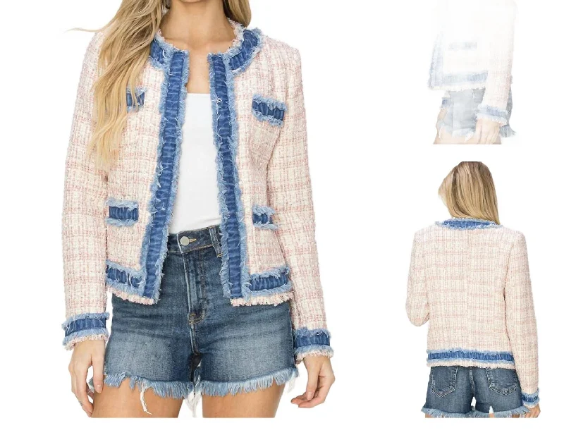 Basic Comfort Relaxed Fashion Styles Tweed Blazer In Pink<Denim