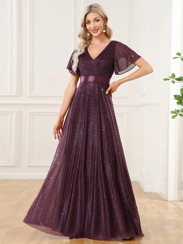 Chic Comfort Practical Soft Layers Sparkling Short Sleeve V-Neck Ribbon Waist A-Line Evening Dress Chic Comfort Practical Soft Layers Sparkling Short Sleeve V-Neck Ribbon Waist A-Line Evening Dress