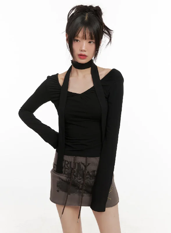 Comfy Pants Soft Cozy Wear Shirred V-Neck Long-Sleeve Top with Scarf CJ502
