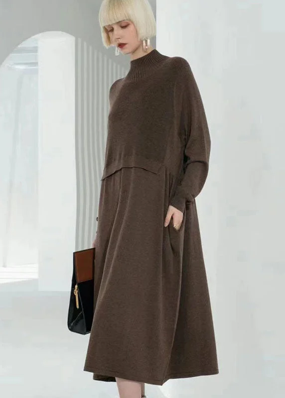 Elegant Wear Affordable Cozy Style Bohemian Chocolate Turtle Neck Patchwork Solid Wool Knit Sweater Dress Long Sleeve Elegant Wear Affordable Cozy Style Bohemian Chocolate Turtle Neck Patchwork Solid Wool Knit Sweater Dress Long Sleeve