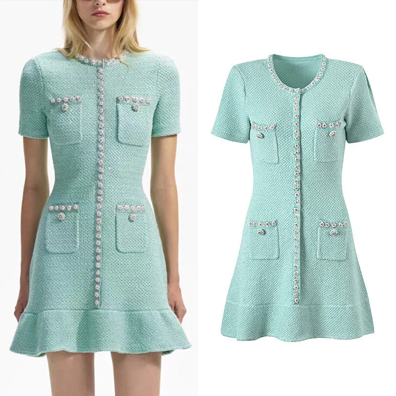 Elegant Wear Practical Soft Layers Heavy Handmade Diomand Sequins Single-breasted Ruffles Waist Trimming Knitted Dress