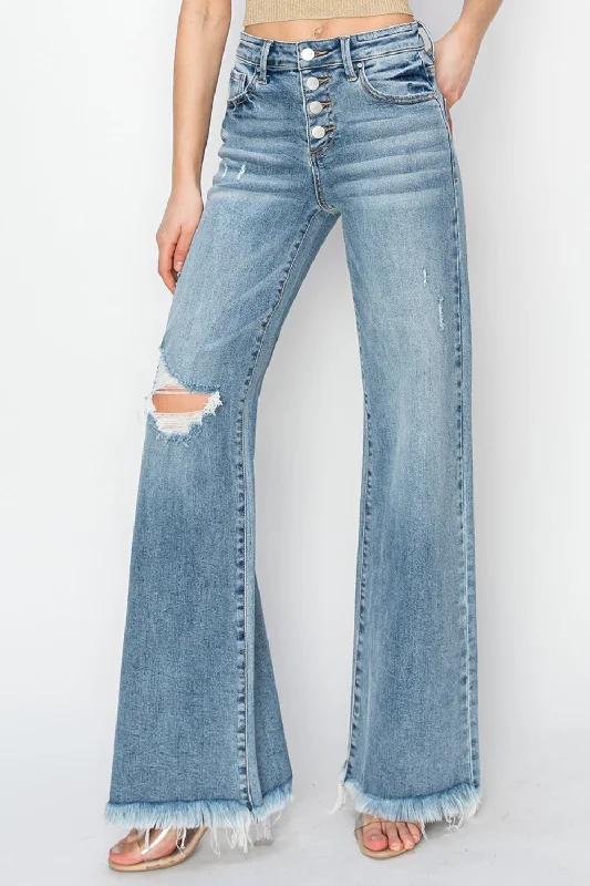 Easy Style Trendy Chic Comfort RISEN Mid Rise Button Fly Wide Leg Jeans
