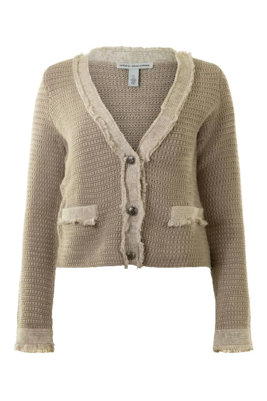 Fresh Comfort Trendy Soft Fit Women's Fringed Trimmed V-Neck Jacket In Sandalwood Combo