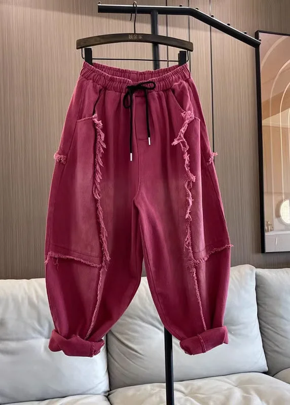 Soft Feel Stylish Relaxed Pieces DIY Loose Rose Tasseled Pockets Patchwork Denim Pants Fall