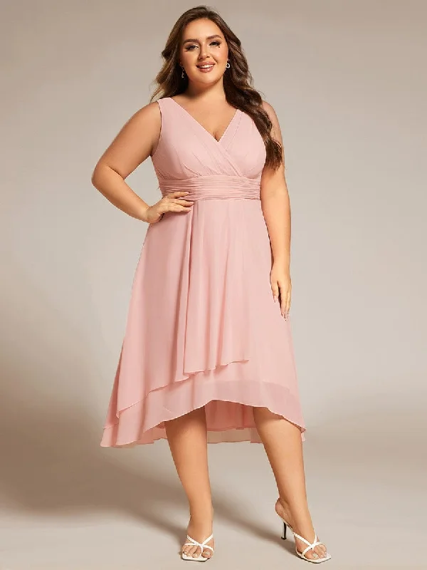 Chic Outfits Casual Soft Fit Plus Size Pleated Sleeveless V-Neck Midi Chiffon Wedding Guest Dress