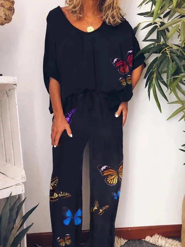 Soft Looks Affordable Soft Layers Casual Loose Top Pants Butterfly Two Piece Set