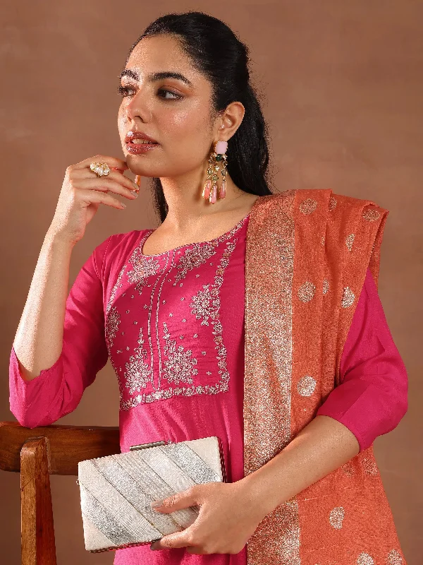 Easy Style Comfortable Layered Looks Pink Embroidered Silk Blend Straight Suit With Dupatta