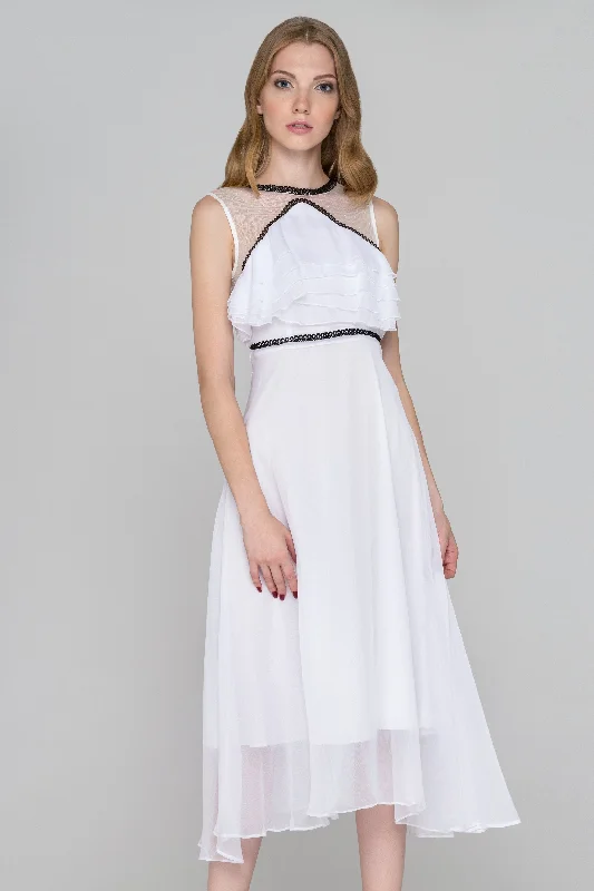 Trendy Looks Stylish Relaxed Pieces White and Black Trim Sheer Chiffon midi Dress