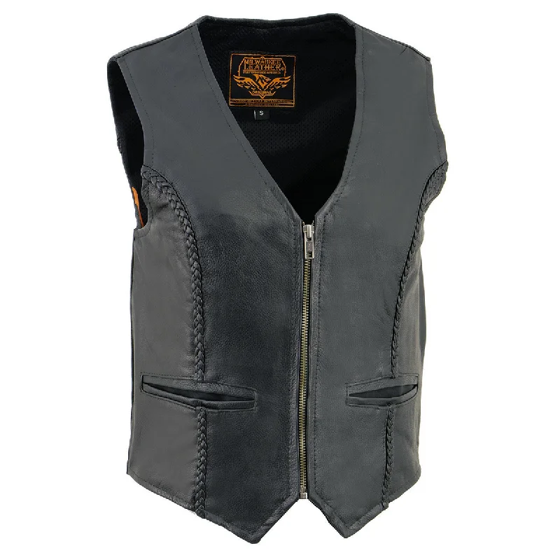 Sporty Comfort Trendy Casual Comfort Milwaukee Leather SH1246Z Women's Black 'Braided' Classic Leather Zipper Front Motorcycle Vest