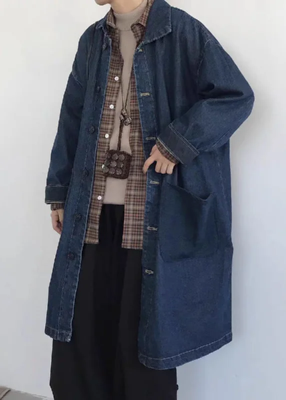 Elegant Fit Effortless Cozy Outfits Vintage Blue Button Pockets Denim Men Coat Spring