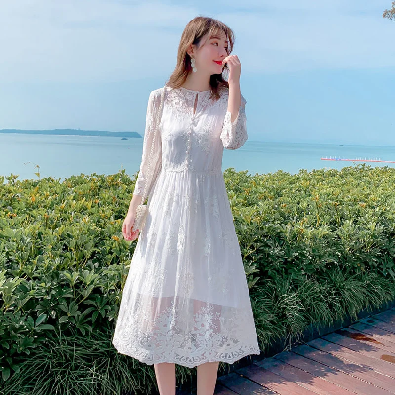 Relaxed Wear Simple Chic Pieces Bohemian Embroidery Silk Dress