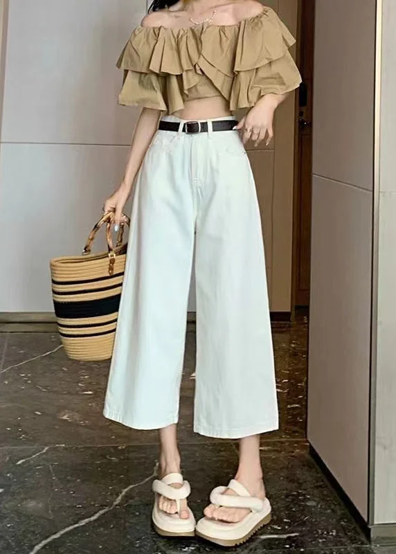 Everyday Comfort Trendy Warm Pieces New White Pockets Thin Denim Wide Leg Crop Pants Summer