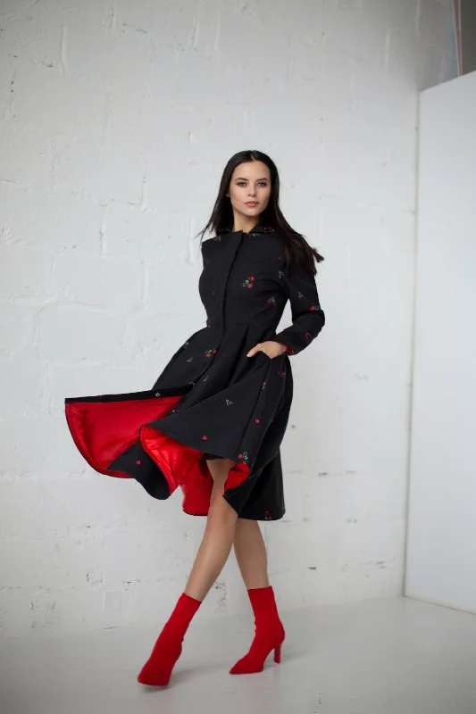Comfy Chic Affordable Soft Fit Fit and Flare Black Coat with Pleated Skirt and Strawberry Print | 'Wild Strawberry'
