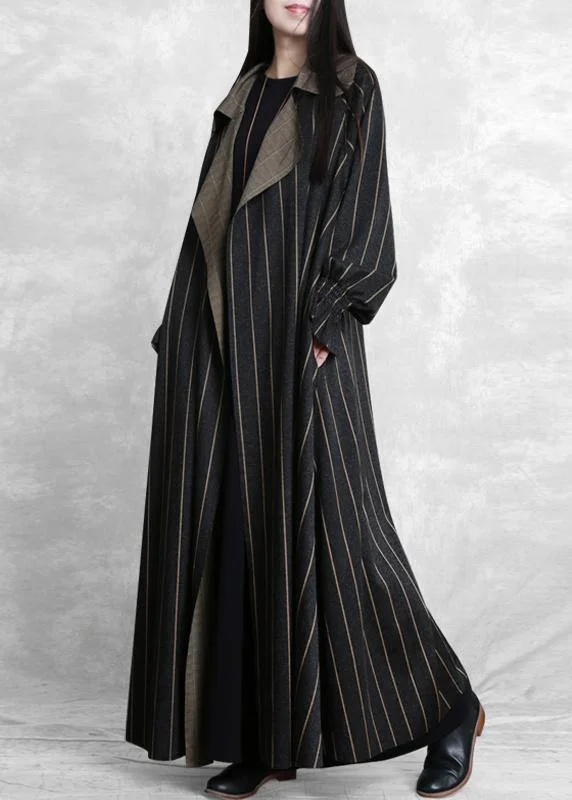 Timeless Style Trendy Cozy Wearables women plus size trench coat dark gray striped Notched pockets wool coat for woman