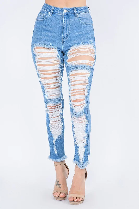 Elegant Wear Comfortable Fashion Layers Women's High Rise Heavy Distressing Washed Out Denim Skinny Jeans