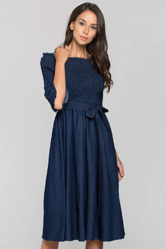 Cozy Sweaters Soft Cozy Wear Smocked Top Off the shoulder Chambray Midi Dress