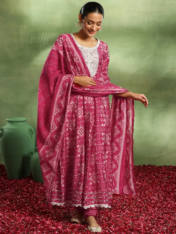 Soft Layers Casual Soft Fit Pink Printed Silk Blend Anarkali Suit With Dupatta