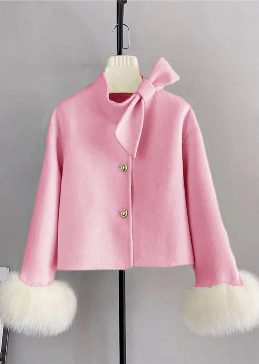 Relaxed Fashion Practical Style Choices New Pink Wool Bow Button Fox Hair Cuff Short Coat Winter