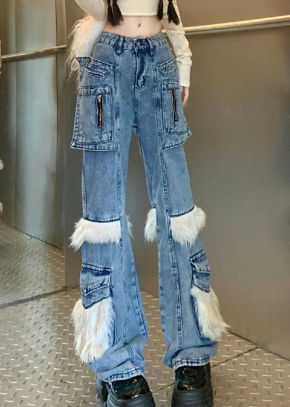 Cozy Layers Affordable Soft Fit Style Blue Pockets Fuzzy Fur Patchwork Denim Flared Trousers Spring