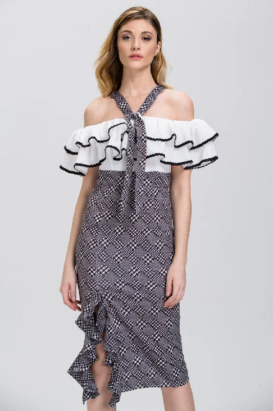 Chic Lounge Simple Chic Options The Real Fouz - Houndstooth Ruffled Off the Shoulder Pencil Midi Dress