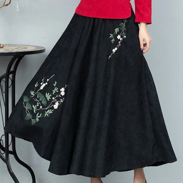 Cozy Pants Simple Chic Pieces All Matched Floral Embroidery Traditional Chinese Style Skirt