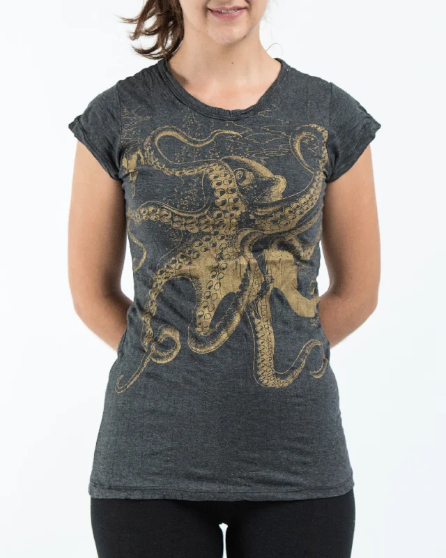 Chic Lounge Soft Chic Apparel Womens Octopus T-Shirt in Gold on Black