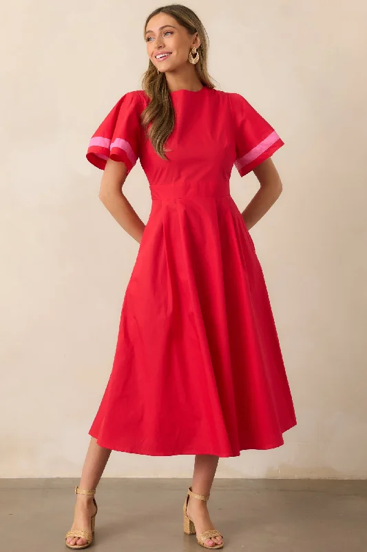 Stylish Wear Soft Wearable Comfort Local Art Show Cotton Red Short Sleeve Midi Dress Stylish Wear Soft Wearable Comfort Local Art Show Cotton Red Short Sleeve Midi Dress
