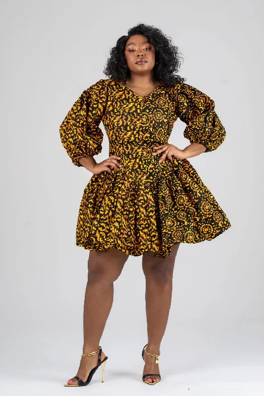 Modern Chic Warm Soft Clothing Risa Ankara Short flare Dress | Yellow African Print