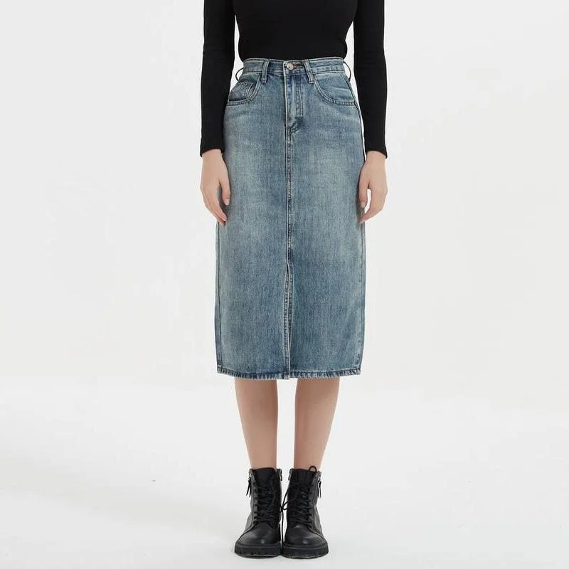Comfortable Jeans Relaxed Layered Looks High Waist Denim Pencil Skirt