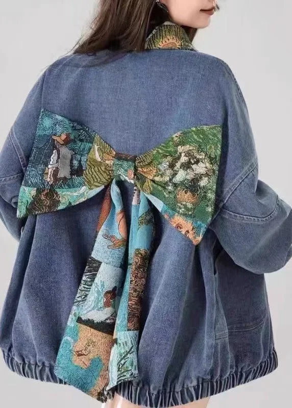 Easy Chic Effortless Comfort Fit Handmade Blue Peter Pan Collar Pockets Bow Patchwork Denim Jackets Spring