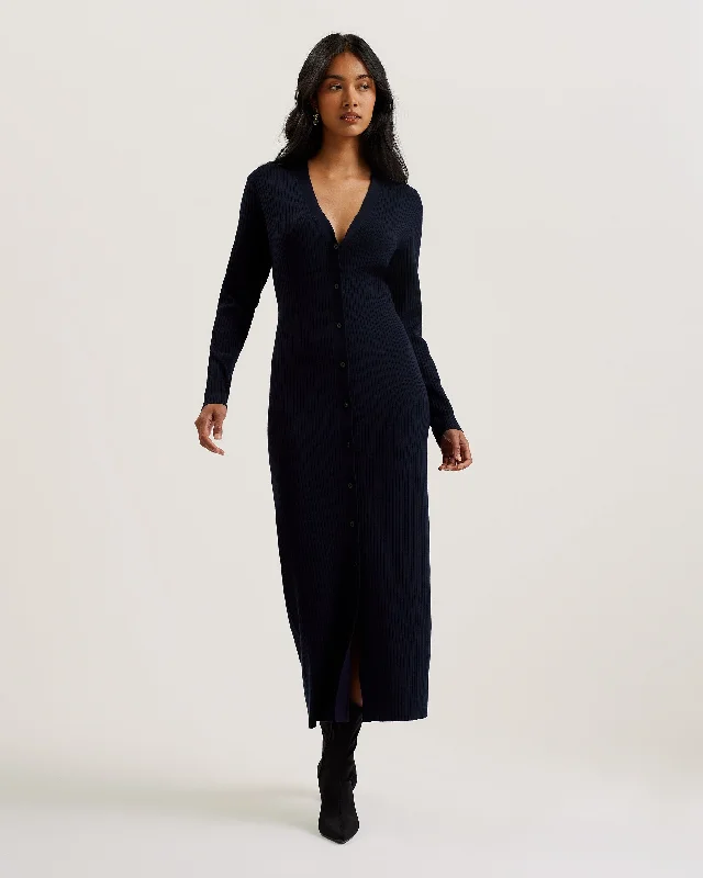 Stylish Wear Soft Casual Wearable Elmhaa Ribbed Knitted V Neck Maxi Cardigan Navy