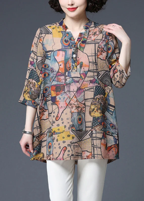 Versatile Style Comfortable Layered Looks Modern V Neck Print Button Thin Shirt Top Three Quarter sleeve