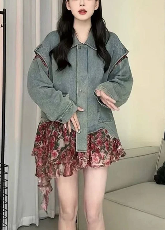 Stylish Ease Effortless Cozy Wear Casual Blue Peter Pan Collar Asymmetrical Print Print Denim Coat Spring