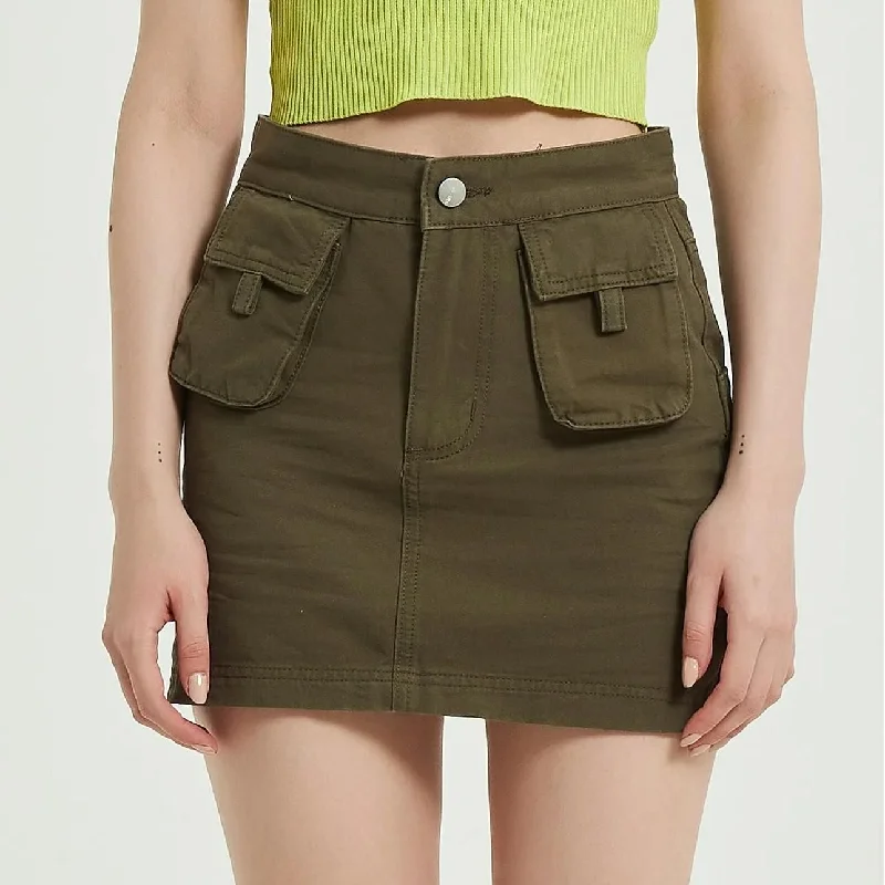Sporty Elegance Effortless Cozy Wear Green Denim High-Waist Pencil Skirt with Pockets