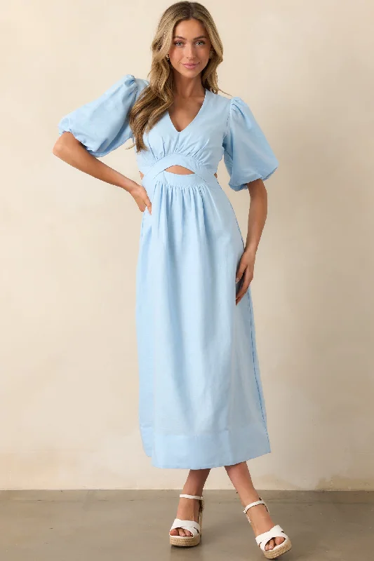 Comfort Fit Stylish Relaxed Pieces MINKPINK Sky Blue Pandora Puff Sleeve Midi Dress