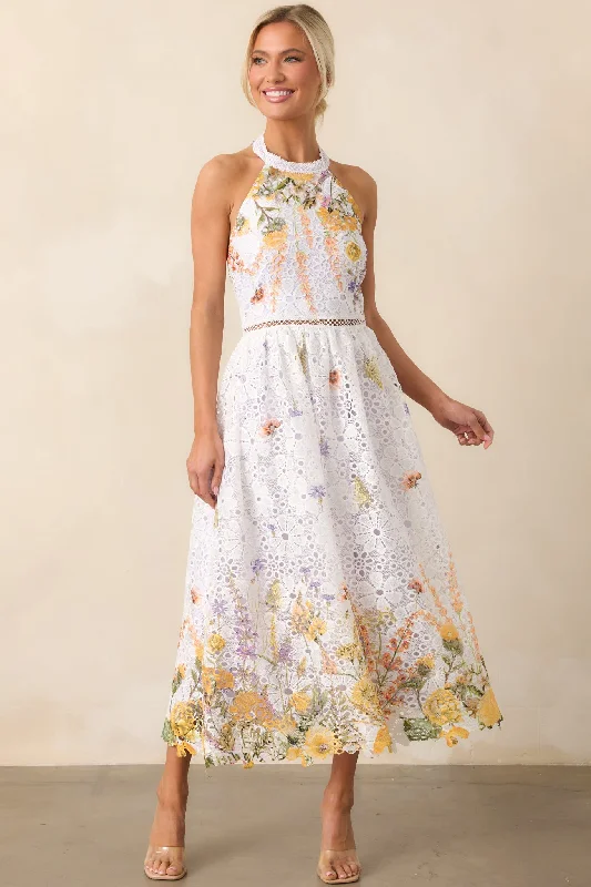 Chic Lounge Cozy Layering Pieces Twirl Me Lavender Floral Embroidered Halter Midi Dress Chic Lounge Cozy Layering Pieces Twirl Me Lavender Floral Embroidered Halter Midi Dress