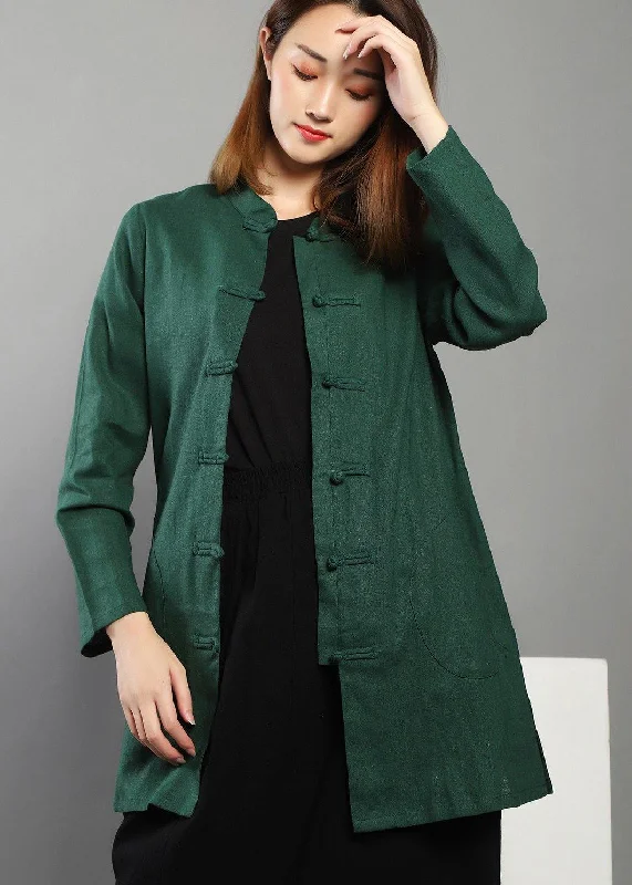 Simple Elegance Relaxed Layered Looks Plus Size Green low high design Chinese Button Spring Shirt Tops