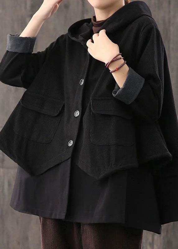 Cozy Chic Affordable Cozy Style Handmade Black drawstring Patchwork Striped Casual Coat Fall
