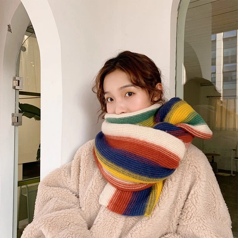 Stylish Wear Relaxed Comfort Pieces Rainbow Striped Scarf - Warm Knitted Acrylic Shawl, 180cm x 35cm, All-Match Stylish Accessory