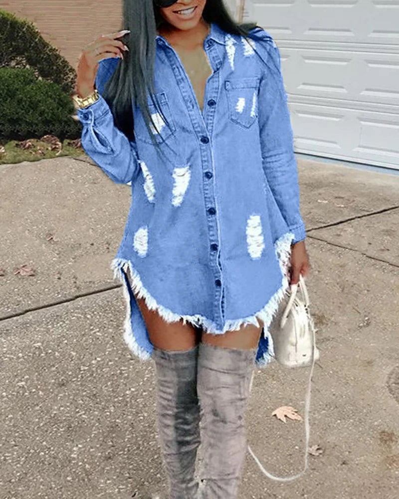 Easy-to-Wear Simple Comfort Choices Blue Jean Denim Ribbed Tassel  Asymmetrical Mini  Shirt Dress with Long Sleeve