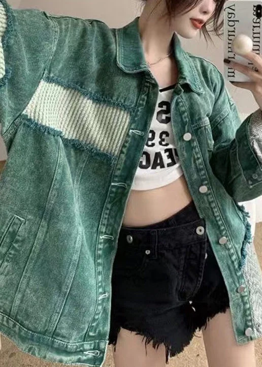 Relaxed Fashion Trendy Soft Comfort French Green Peter Pan Collar Pockets Patchwork Denim Coats Spring