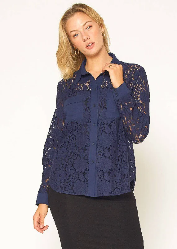 Comfortable Jeans Cozy Fashion Pieces Pleione Women's Button Up Flower Lace Blouse in Navy Comfortable Jeans Cozy Fashion Pieces Pleione Women's Button Up Flower Lace Blouse in Navy