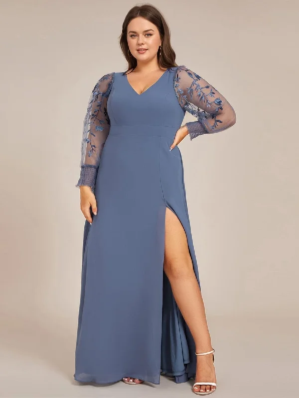 Elegant Wear Cozy Stylish Wear Diane | Plus Size High Slit Embroidered Long Sleeve Chiffon Formal Evening Dress