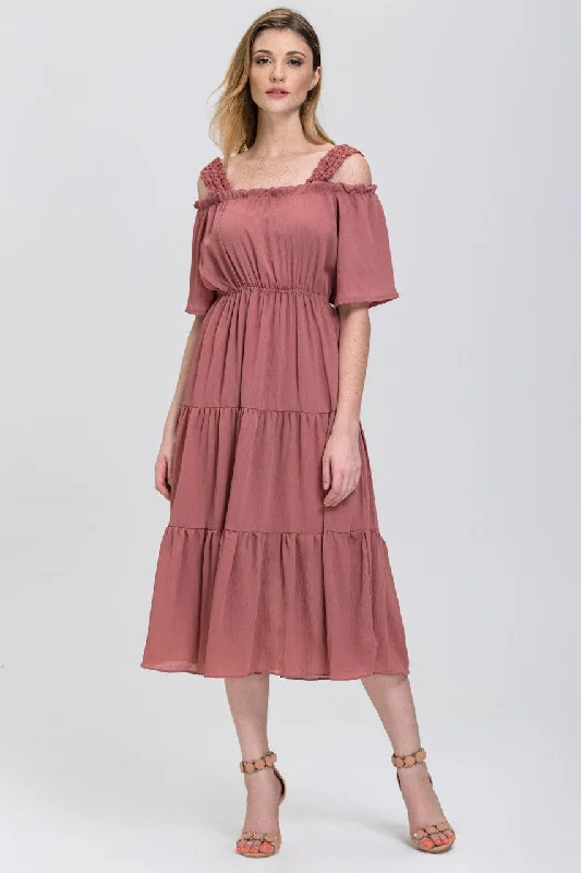 Cozy Dress Relaxed Layered Looks Terracotta Lace Strap Off the Shoulder Midi Dress