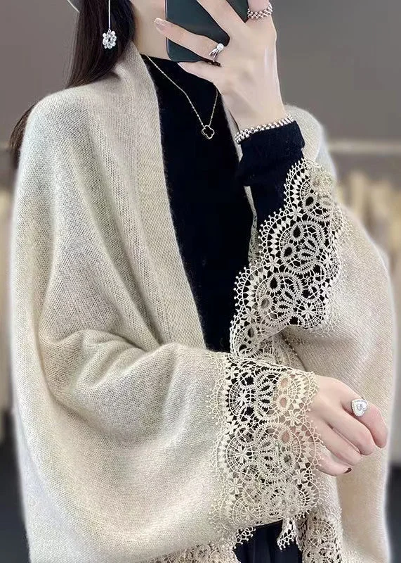 Easygoing Style Soft Wearable Comfort Stylish Beige Hollow Out Lace Patchwork Woolen Cardigans Spring